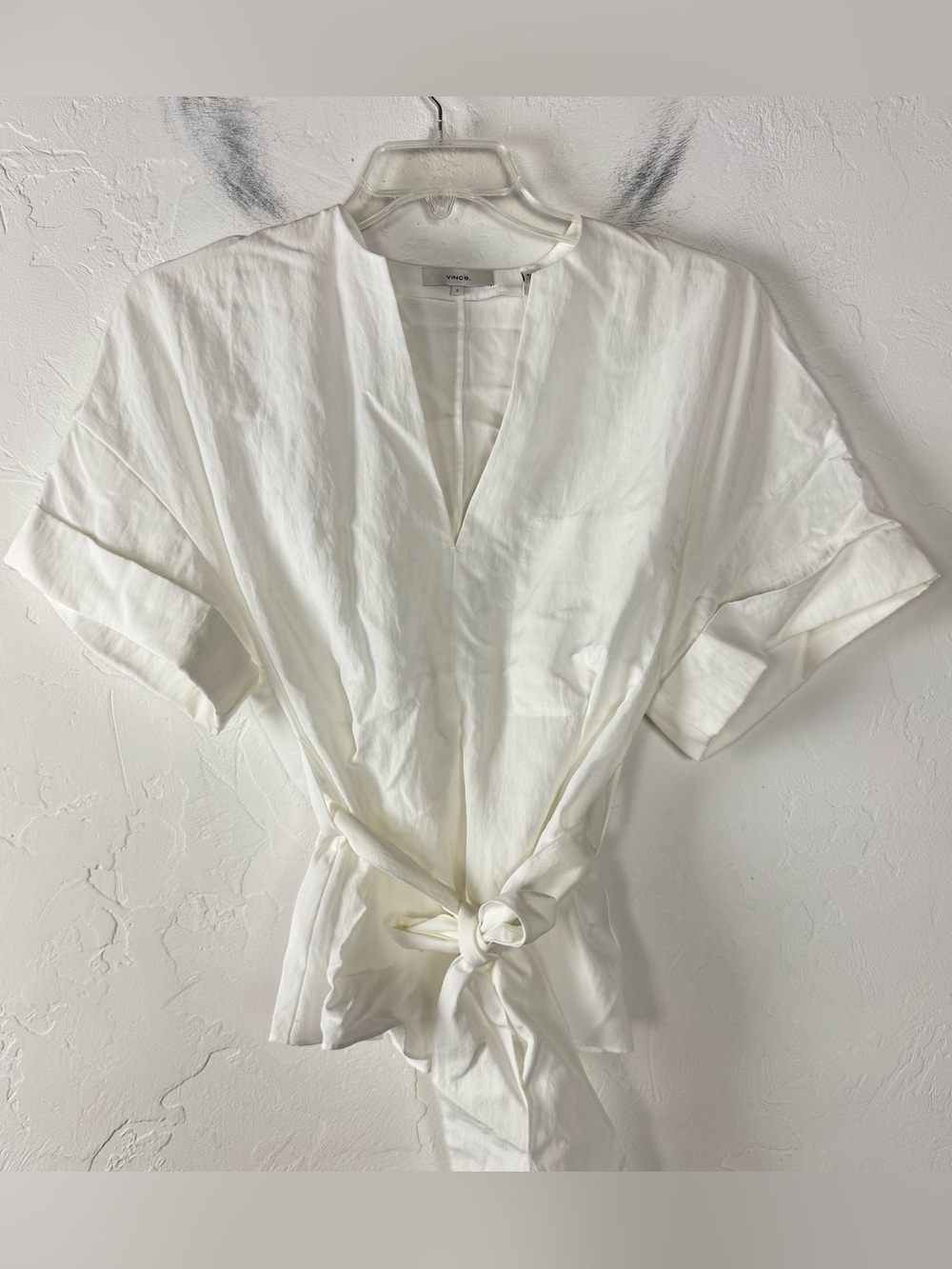 Vince Popover Blouse Knit Top Shirt Solid White Cuffed Short Sleeve Tie Waist